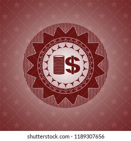 stack of coins icon inside red emblem. Retro