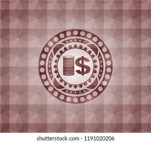 stack of coins icon inside red badge with geometric pattern. Seamless.