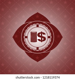 stack of coins icon inside red emblem. Retro
