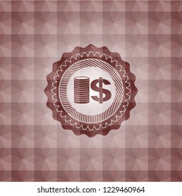 stack of coins icon inside red seamless emblem with geometric background.