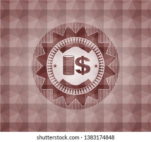stack of coins icon inside red emblem with geometric pattern. Seamless.