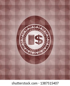 stack of coins icon inside red seamless emblem or badge with abstract geometric polygonal pattern background.