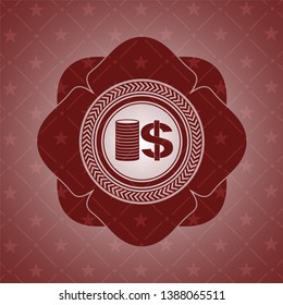 stack of coins icon inside red emblem