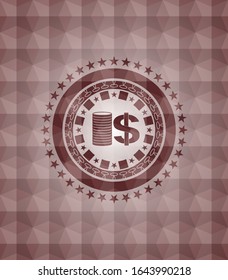 stack of coins icon inside red seamless emblem or badge with geometric pattern background.