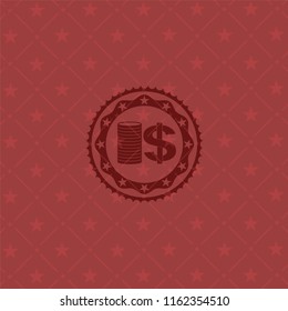 stack of coins icon inside retro red emblem