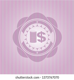 stack of coins icon inside retro pink emblem