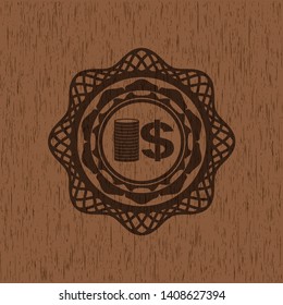 stack of coins icon inside retro wood emblem
