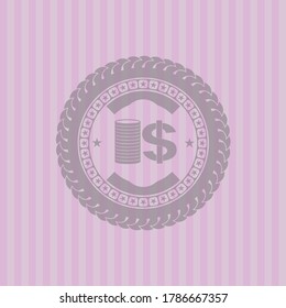 stack of coins icon inside retro style pink emblem. Elegant design. 