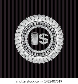 stack of coins icon inside silver emblem