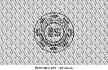 stack of coins icon inside silver color emblem. Scales pattern. Vector Illustration. Detailed.