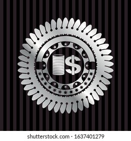 stack of coins icon inside silvery shiny emblem