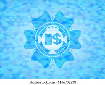 stack of coins icon inside sky blue mosaic emblem