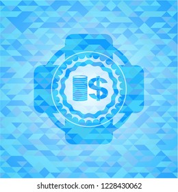 stack of coins icon inside sky blue emblem with mosaic background