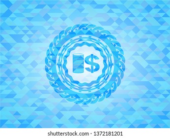 stack of coins icon inside sky blue emblem with triangle mosaic background
