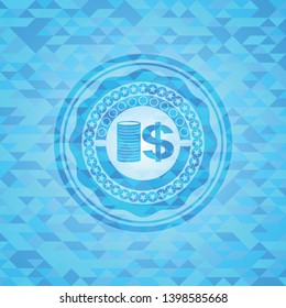 stack of coins icon inside sky blue emblem with mosaic background