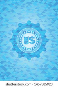stack of coins icon inside sky blue emblem with mosaic background