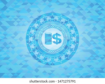 stack of coins icon inside sky blue mosaic emblem