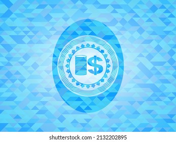 stack of coins icon inside sky blue emblem with triangle mosaic background. 