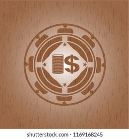 stack of coins icon inside vintage wooden emblem