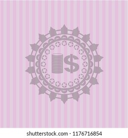 stack of coins icon inside vintage pink emblem