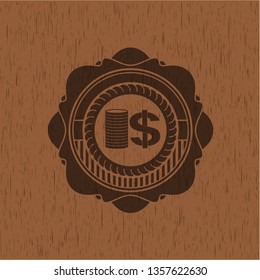 stack of coins icon inside vintage wood emblem