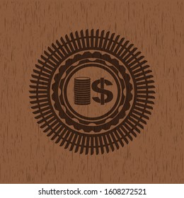 stack of coins icon inside vintage wooden emblem