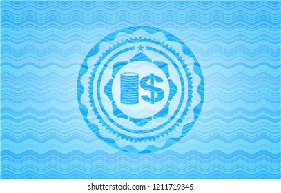 stack of coins icon inside water wave badge.