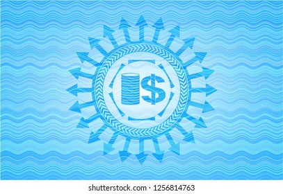 stack of coins icon inside water wave style badge.