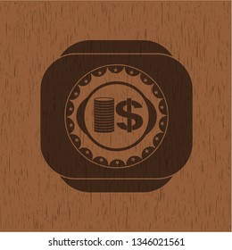 stack of coins icon inside wooden emblem. Retro