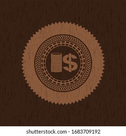 stack of coins icon inside wooden emblem