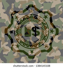 stack of coins icon on camouflage pattern