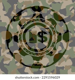 icono de pila de monedas en textura camuflada. 