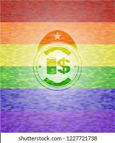 stack of coins icon on mosaic background with the colors of the LGBT flag