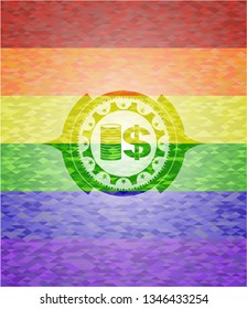 stack of coins icon on mosaic background with the colors of the LGBT flag