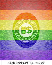 stack of coins icon on mosaic background with the colors of the LGBT flag