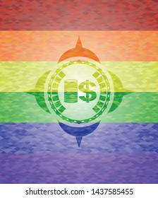 stack of coins icon on mosaic background with the colors of the LGBT flag
