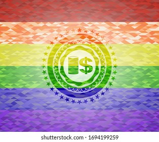 stack of coins icon on mosaic background with the colors of the LGBT flag
