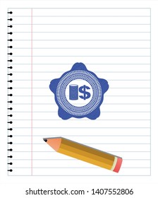 stack of coins icon pen strokes emblem. Blue ink. Vector Illustration. Detailed.
