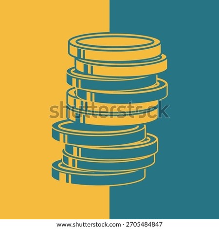 Stack of coins illustration stands tall against a split background of gold and teal symbolizing financial wealth investment growth and economic stability representing a secure future and prosperous v
