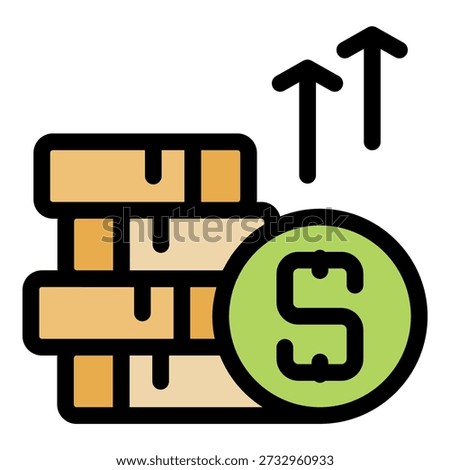 Stack of coins with increasing upward arrows and dollar sign, representing financial growth, investment success, and economic prosperity