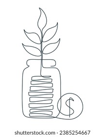 Stack coins in jar in single continuous line. Savings or investments. Profit growth drawing with one line. Saving and family budget concept. Money plant. Budget or fund. Financial bank deposit.