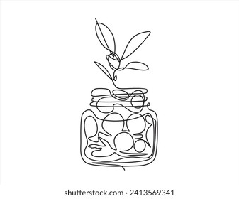 Stack coins in jar in single continuous line. Savings or investments. Profit growth drawing with one line. Saving and family budget concept. Money plant. Budget or fund. Financial bank deposit.