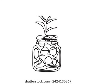 Stack coins in jar in single continuous line. Savings or investments. Profit growth drawing with one line. Saving and family budget concept. Money plant. Budget or fund. Financial bank deposit.