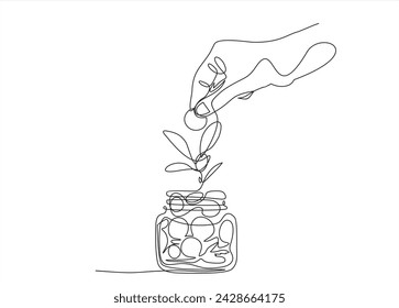 Stack coins in jar in single continuous line. Savings or investments. Profit growth drawing with one line. Saving and family budget concept. Money plant. Budget or fund. Financial bank deposit.