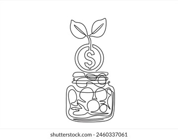 Stack coins in jar in single continuous line. Savings or investments. Profit growth drawing with one line. Saving and family budget concept. Money plant. Budget or fund. Financial bank deposit.