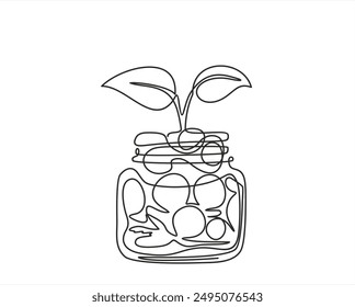 Stack coins in jar in single continuous line. Savings or investments. Profit growth drawing with one line. Saving and family budget concept. Money plant. Budget or fund. Financial bank deposit.