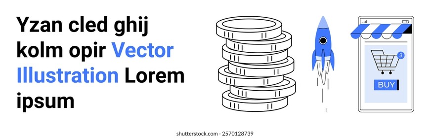 Stack of coins, a launching rocket, and a mobile screen with a shopping cart into banner. Ideal for online retail, e-commerce strategies, financial investment, business growth, technology innovation