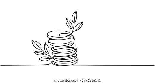 Stack of coins with leafy branch coin stack leaf branch line black and white financial growth money