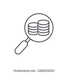 Stack of coins and magnifying glass. Controlling the origin of money. Vector linear icon isolated on white background.
