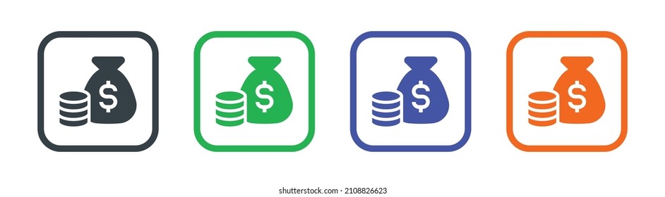 Stack of coins with money bag icon. Money icon set in flat style. Money bag, coins and dollar symbols.